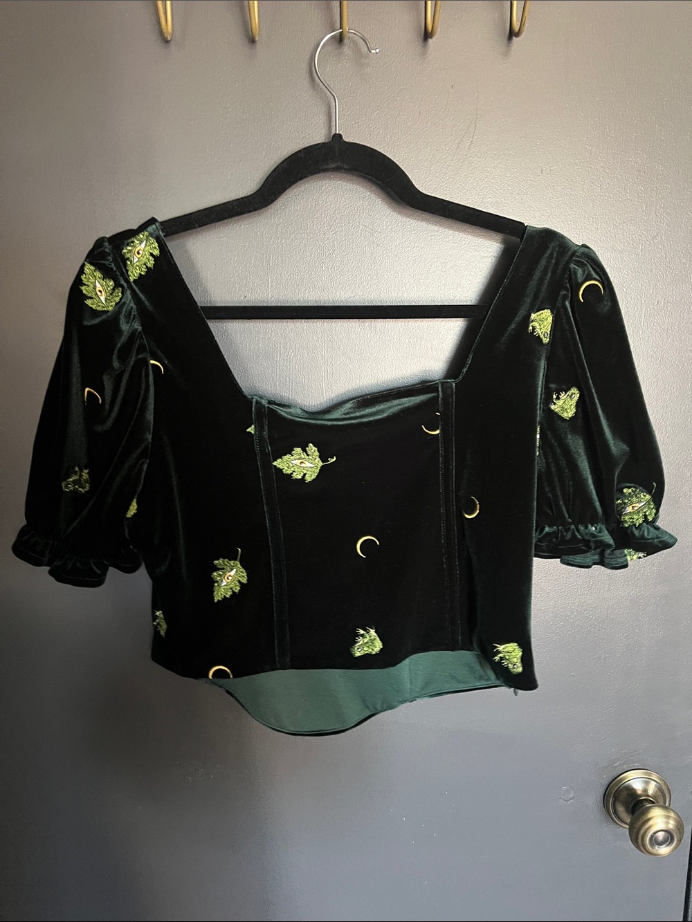 Disturbia NWT Swamp Life Dark Green Velvet Embroidered Puff Sleeve Top - Picture 5 of 5